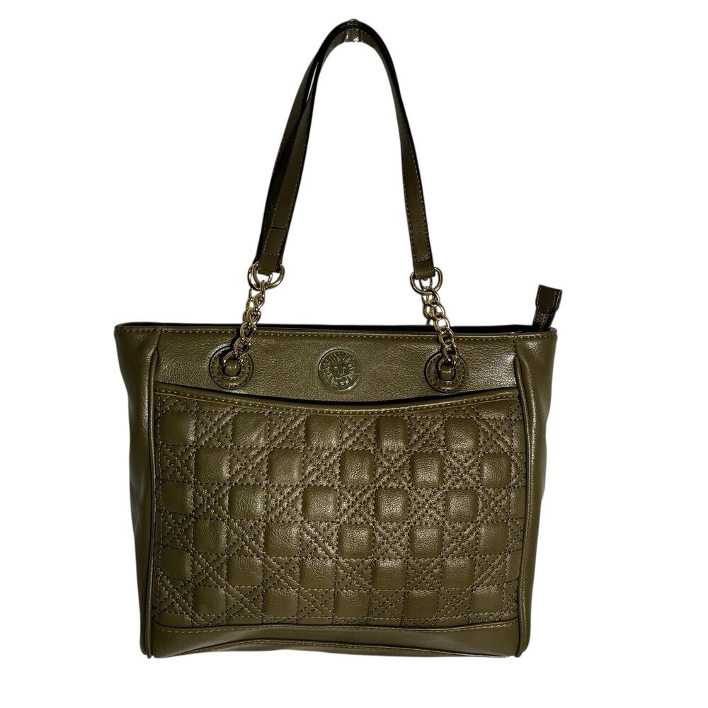 Women’s Ann Klein Olive Green Purse. Gold Hardware. Blue Lining. 10”x10”x4”